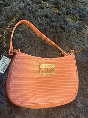GUESS Coral Pink Shoulder Bag with Gold Logo Plaque